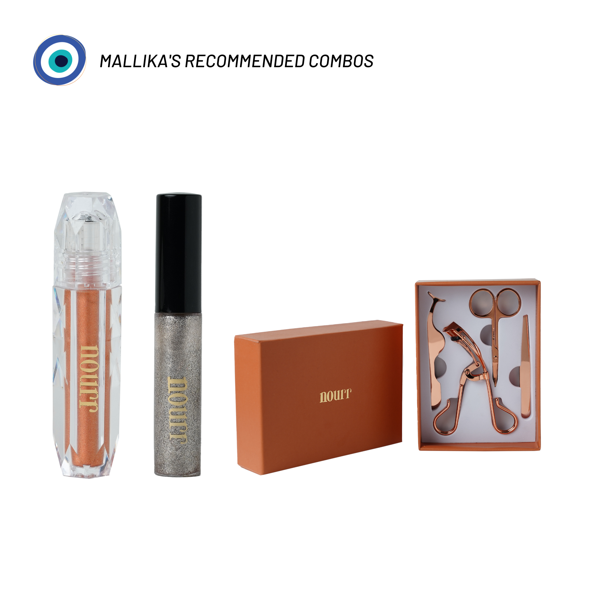 Nourr's Glitter Eyeshadow, Eyeliner and Eyelash Curler Set Bundle
